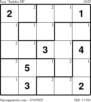 The grouppuzzles.com Easy Sudoku-5B puzzle for Monday February 10, 2025 with the first 3 steps marked