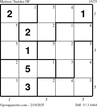 The grouppuzzles.com Medium Sudoku-5B puzzle for Monday February 10, 2025 with all 5 steps marked