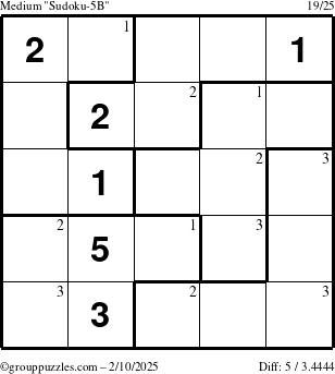 The grouppuzzles.com Medium Sudoku-5B puzzle for Monday February 10, 2025 with the first 3 steps marked