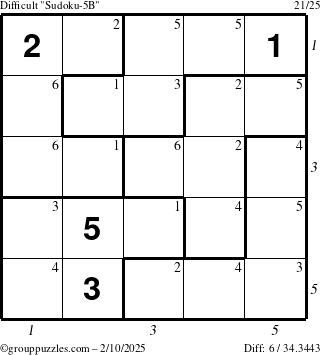 The grouppuzzles.com Difficult Sudoku-5B puzzle for Monday February 10, 2025 with all 6 steps marked