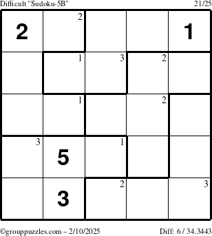 The grouppuzzles.com Difficult Sudoku-5B puzzle for Monday February 10, 2025 with the first 3 steps marked