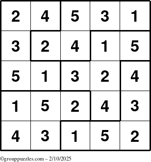 The grouppuzzles.com Answer grid for the Sudoku-5B puzzle for Monday February 10, 2025