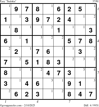 The grouppuzzles.com Easy Sudoku puzzle for Monday February 10, 2025 with all 4 steps marked