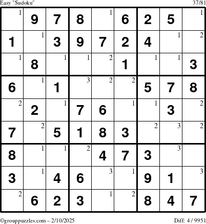 The grouppuzzles.com Easy Sudoku puzzle for Monday February 10, 2025 with the first 3 steps marked