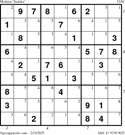 The grouppuzzles.com Medium Sudoku puzzle for Monday February 10, 2025 with all 8 steps marked