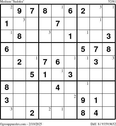 The grouppuzzles.com Medium Sudoku puzzle for Monday February 10, 2025 with the first 3 steps marked