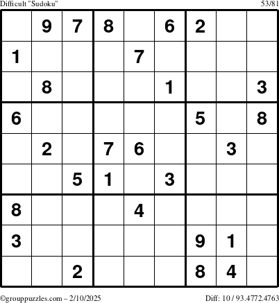 The grouppuzzles.com Difficult Sudoku puzzle for Monday February 10, 2025