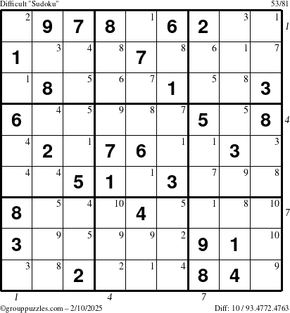 The grouppuzzles.com Difficult Sudoku puzzle for Monday February 10, 2025, suitable for printing, with all 10 steps marked