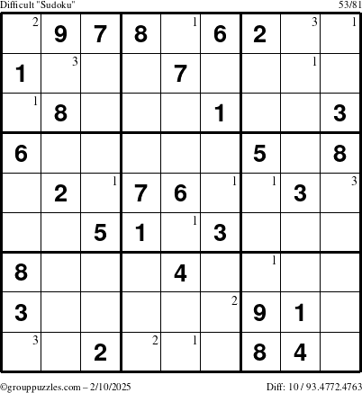 The grouppuzzles.com Difficult Sudoku puzzle for Monday February 10, 2025 with the first 3 steps marked