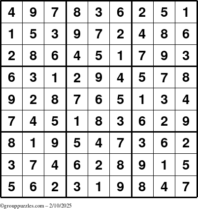 The grouppuzzles.com Answer grid for the Sudoku puzzle for Monday February 10, 2025