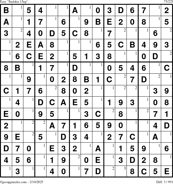 The grouppuzzles.com Easy Sudoku-15up puzzle for Monday February 10, 2025 with the first 3 steps marked