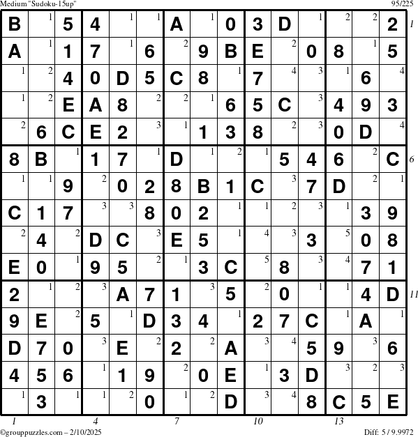 The grouppuzzles.com Medium Sudoku-15up puzzle for Monday February 10, 2025 with all 5 steps marked