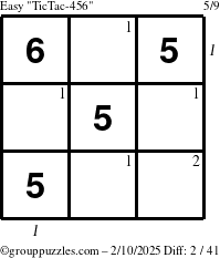 The grouppuzzles.com Easy TicTac-456 puzzle for Monday February 10, 2025, suitable for printing, with all 2 steps marked