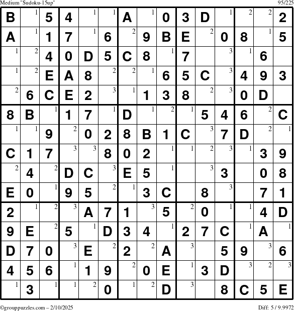 The grouppuzzles.com Medium Sudoku-15up puzzle for Monday February 10, 2025 with the first 3 steps marked