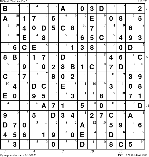 The grouppuzzles.com Difficult Sudoku-15up puzzle for Monday February 10, 2025 with all 12 steps marked