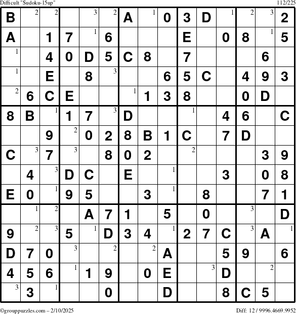 The grouppuzzles.com Difficult Sudoku-15up puzzle for Monday February 10, 2025 with the first 3 steps marked