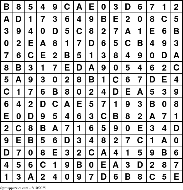 The grouppuzzles.com Answer grid for the Sudoku-15up puzzle for Monday February 10, 2025