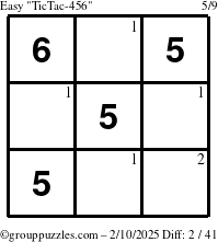 The grouppuzzles.com Easy TicTac-456 puzzle for Monday February 10, 2025 with the first 2 steps marked