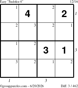 The grouppuzzles.com Easy Sudoku-4 puzzle for Saturday June 20, 2026, suitable for printing, with all 3 steps marked