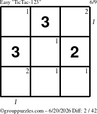 The grouppuzzles.com Easy TicTac-123 puzzle for Saturday June 20, 2026 with all 2 steps marked