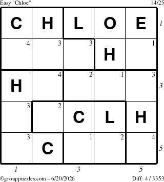 The grouppuzzles.com Easy Chloe puzzle for Saturday June 20, 2026 with all 4 steps marked