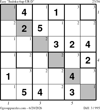 The grouppuzzles.com Easy Sudoku-6up-UR-D puzzle for Saturday June 20, 2026, suitable for printing, with all 3 steps marked