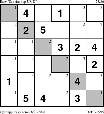The grouppuzzles.com Easy Sudoku-6up-UR-D puzzle for Saturday June 20, 2026 with the first 3 steps marked