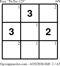 The grouppuzzles.com Easy TicTac-123 puzzle for Saturday June 20, 2026 with the first 2 steps marked