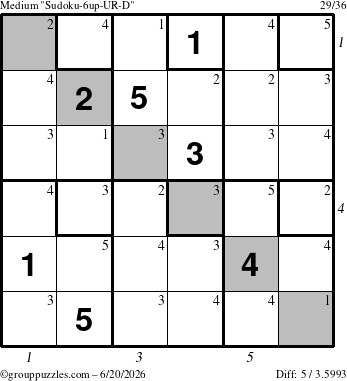 The grouppuzzles.com Medium Sudoku-6up-UR-D puzzle for Saturday June 20, 2026, suitable for printing, with all 5 steps marked