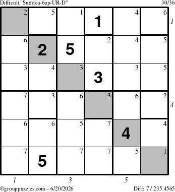 The grouppuzzles.com Difficult Sudoku-6up-UR-D puzzle for Saturday June 20, 2026 with all 7 steps marked
