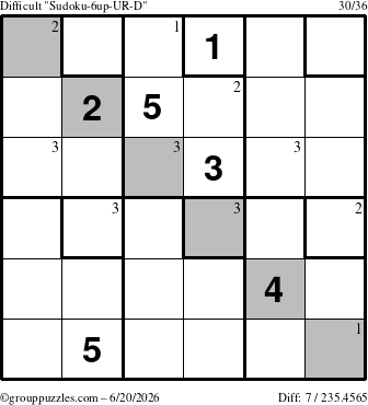 The grouppuzzles.com Difficult Sudoku-6up-UR-D puzzle for Saturday June 20, 2026 with the first 3 steps marked
