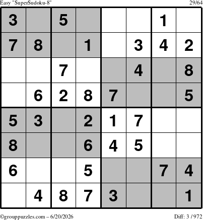 The grouppuzzles.com Easy SuperSudoku-8 puzzle for Saturday June 20, 2026