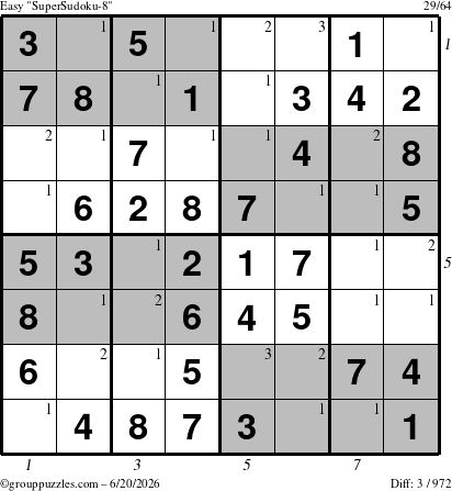 The grouppuzzles.com Easy SuperSudoku-8 puzzle for Saturday June 20, 2026 with all 3 steps marked