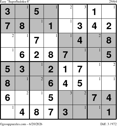 The grouppuzzles.com Easy SuperSudoku-8 puzzle for Saturday June 20, 2026 with the first 3 steps marked