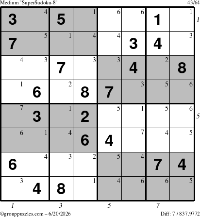 The grouppuzzles.com Medium SuperSudoku-8 puzzle for Saturday June 20, 2026 with all 7 steps marked
