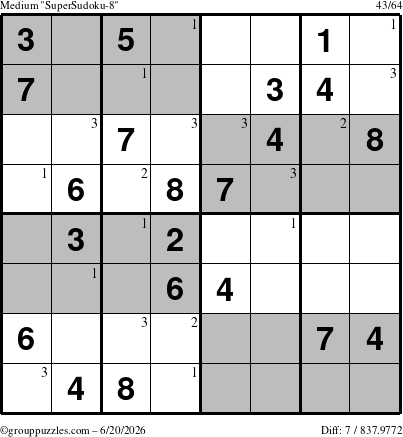 The grouppuzzles.com Medium SuperSudoku-8 puzzle for Saturday June 20, 2026 with the first 3 steps marked