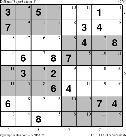 The grouppuzzles.com Difficult SuperSudoku-8 puzzle for Saturday June 20, 2026, suitable for printing, with all 11 steps marked