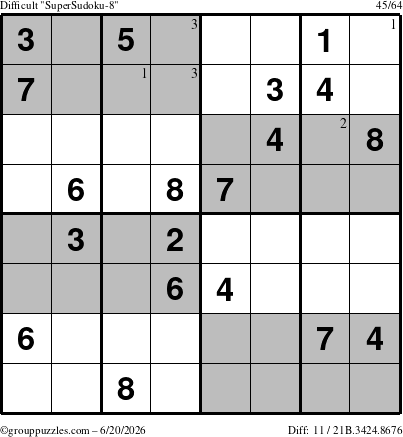 The grouppuzzles.com Difficult SuperSudoku-8 puzzle for Saturday June 20, 2026 with the first 3 steps marked