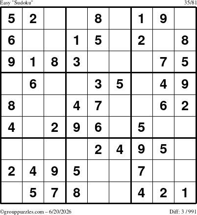 The grouppuzzles.com Easy Sudoku puzzle for Saturday June 20, 2026
