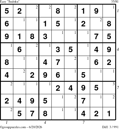 The grouppuzzles.com Easy Sudoku puzzle for Saturday June 20, 2026 with all 3 steps marked