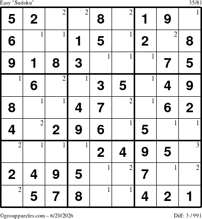The grouppuzzles.com Easy Sudoku puzzle for Saturday June 20, 2026 with the first 3 steps marked