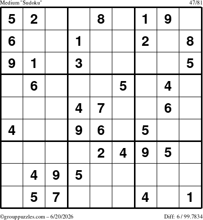 The grouppuzzles.com Medium Sudoku puzzle for Saturday June 20, 2026