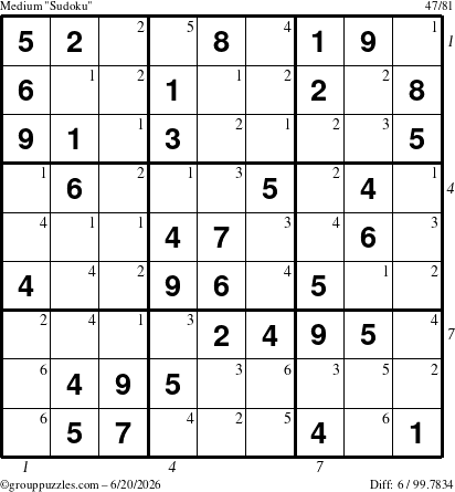 The grouppuzzles.com Medium Sudoku puzzle for Saturday June 20, 2026 with all 6 steps marked