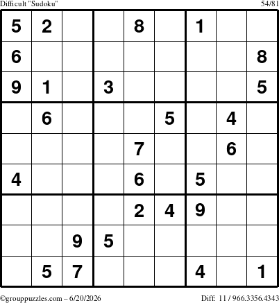 The grouppuzzles.com Difficult Sudoku puzzle for Saturday June 20, 2026