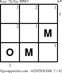 The grouppuzzles.com Easy TicTac-MNO puzzle for Saturday June 20, 2026 with all 2 steps marked