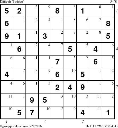 The grouppuzzles.com Difficult Sudoku puzzle for Saturday June 20, 2026, suitable for printing, with all 11 steps marked