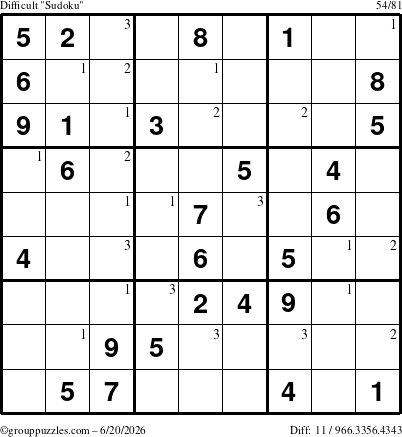 The grouppuzzles.com Difficult Sudoku puzzle for Saturday June 20, 2026 with the first 3 steps marked