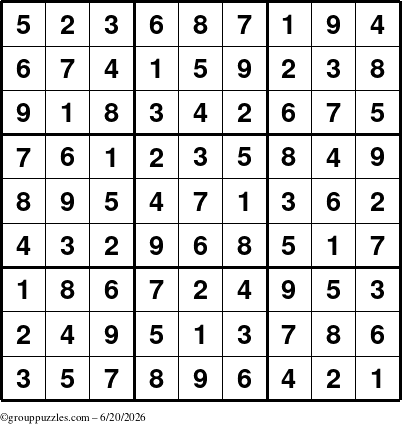 The grouppuzzles.com Answer grid for the Sudoku puzzle for Saturday June 20, 2026