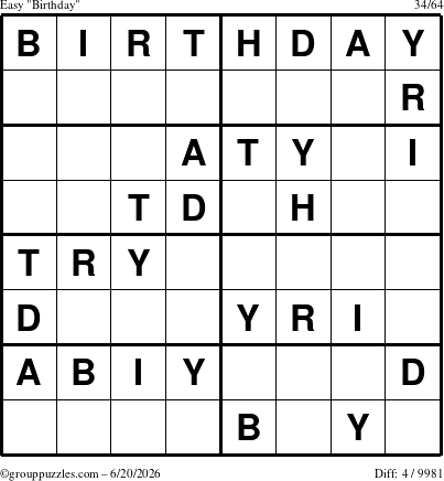 The grouppuzzles.com Easy Birthday puzzle for Saturday June 20, 2026