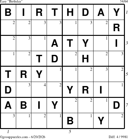 The grouppuzzles.com Easy Birthday puzzle for Saturday June 20, 2026, suitable for printing, with all 4 steps marked